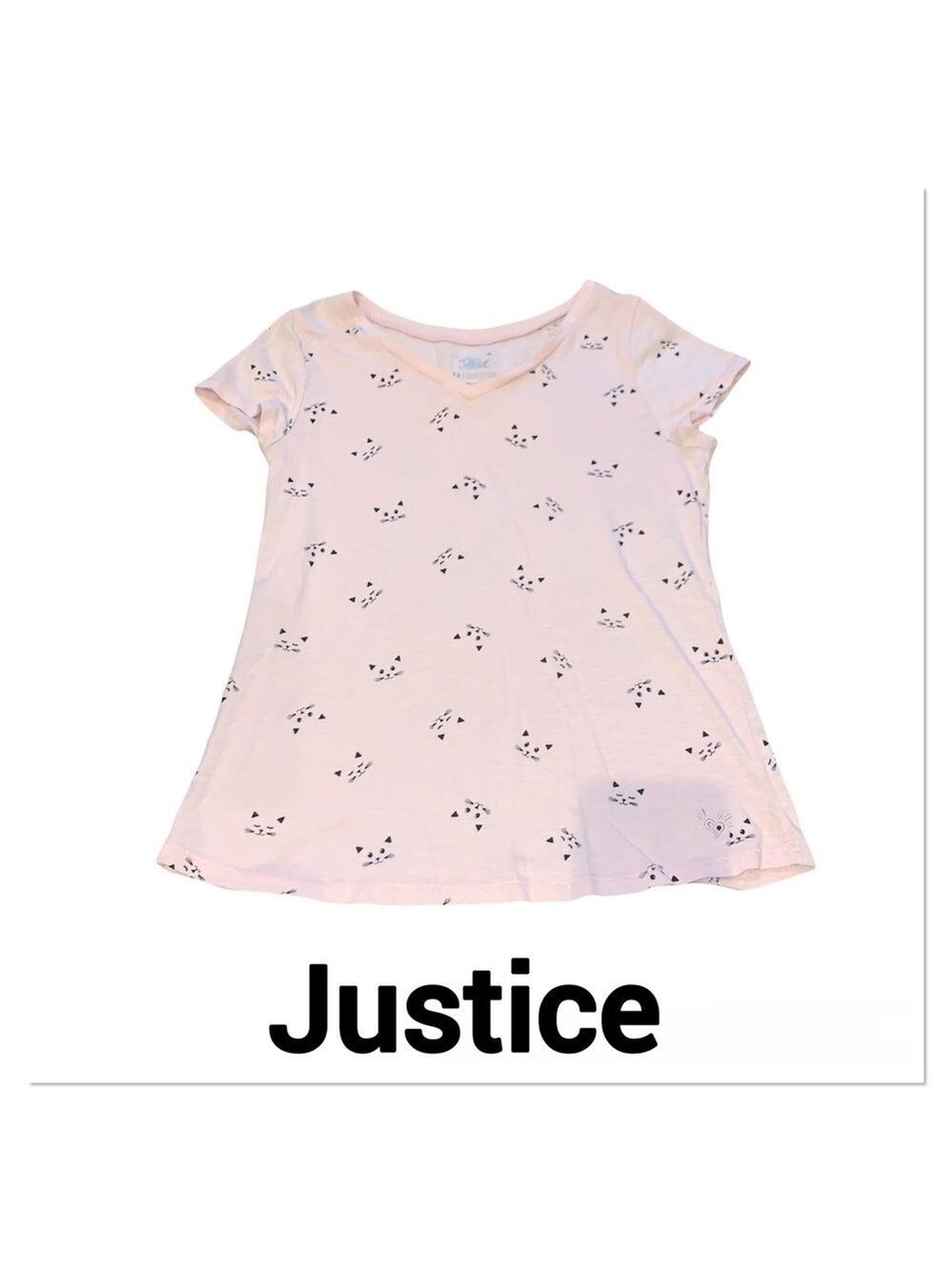JUSTICE Pink Cat Print V Neck T-shirt size 14